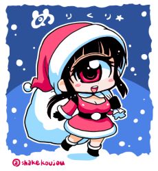 Rule 34 | 1girl, :d, black hair, blush stickers, boots, breasts, chibi, cleavage, cyclops, gloves, hat, hitomi (hitomi sensei no hokenshitsu), hitomi sensei no hokenshitsu, lowres, manaka hitomi, one-eyed, open mouth, red eyes, sack, santa costume, santa hat, shake-o, smile, snow, solo, twitter username