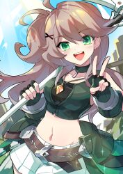Rule 34 | 1girl, absurdres, artist name, bare shoulders, belt, breasts, brown hair, collar, collarbone, cowboy shot, crop top, elsword, fingerless gloves, gloves, hair ornament, highres, holding, holding pickaxe, icedango (dpopic3), lithia beryl (elsword), medium breasts, midriff, one side up, open mouth, outdoors, pickaxe, skirt, sky, solo, v, white skirt, x hair ornament