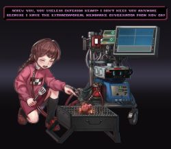 Rule 34 | 1girl, black socks, blush, braid, brown hair, cardiogram, closed eyes, cooking, english text, female focus, full body, gradient background, grill, grilling, guro, heart (organ), kinshi76, kneehighs, loafers, long hair, long sleeves, machine, madotsuki, monitor, on one knee, open mouth, pink sweater, pointing, self-harm, shoes, skirt, socks, solo, spatula, sweater, twin braids, yume nikki