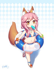 Rule 34 | 1girl, aged down, animal ear fluff, animal ears, bare shoulders, bikini, blue bikini, blush, bracelet, brown footwear, brown hair, fate/grand order, fate (series), flat chest, food, food in mouth, fox ears, fox girl, fox tail, highres, holding, holding swim ring, innertube, jewelry, langbazi, letterboxed, long hair, looking at viewer, mouth hold, navel, necklace, pink hair, popsicle, sandals, side-tie bikini bottom, sidelocks, signature, solo, standing, standing on one leg, starfish, swim ring, swimsuit, tail, tail raised, tamamo (fate), tamamo no mae (fate/extra), tamamo no mae (swimsuit lancer) (fate), water