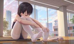 Rule 34 | 1girl, athletic leotard, ballerina, ballet slippers, bare arms, bare shoulders, black hair, blue sky, building, cityscape, closed eyes, cloud, commentary request, day, gym, hair ornament, hairpin, hands on feet, highres, himitsu (hi mi tsu 2), hina saori (himitsu), hugging own legs, indoors, knees up, leotard, no shoes, original, pantyhose, short hair, sitting, sky, skyscraper, slippers, unworn slippers, soles, solo, sunlight, thighband pantyhose, toes, tree, twitter username, white pantyhose, window