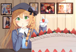 Rule 34 | 1girl, :o, absurdres, bad id, bad pixiv id, beret, birthday cake, black bow, blazer, blonde hair, blue hat, blue jacket, blush, bow, box, braid, brown hair, cake, collared shirt, commentary, dress shirt, english commentary, food, fruit, gift, gift box, gloves, green eyes, hair between eyes, hands up, happy birthday, hat, hat bow, heart, heart-shaped box, heart-shaped pupils, highres, holding, holding food, holding fruit, jacket, light brown hair, long hair, long sleeves, looking at viewer, open clothes, open jacket, original, parted lips, photo (object), picture frame, santa costume, santa hat, shirt, side braid, silver hair, single braid, solo, strawberry, sweater vest, symbol-shaped pupils, twintails, very long hair, white gloves, white shirt, xue lu