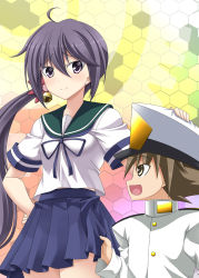 Rule 34 | 10s, 1boy, 1girl, admiral (kancolle), ahoge, akebono (kancolle), bell, brown eyes, brown hair, clothes pull, comic, commentary request, epaulettes, flower, hair bell, hair between eyes, hair flower, hair ornament, hand on another&#039;s hat, hand on own hip, hat, highres, kantai collection, little boy admiral (kancolle), long hair, long sleeves, looking at another, military, military hat, military uniform, open mouth, oversized clothes, peaked cap, pleated skirt, purple eyes, purple hair, rappa (rappaya), school uniform, serafuku, short sleeves, side ponytail, skirt, skirt pull, smile, uniform