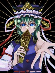 Rule 34 | 1girl, black background, blue eyes, blue hat, commentary request, frilled hat, frills, green hair, hat, holding, long sleeves, looking at viewer, oisutalasolosu, reaching, reaching towards viewer, rod of remorse, shiki eiki, short hair, solo, touhou, upper body