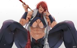 Rule 34 | 1girl, abs, body markings, breasts, dougi, facial mark, fuuma kotarou (tenkaichi), hair over one eye, halterneck, hand on own chin, highres, holding, holding smoking pipe, licking lips, long hair, looking at viewer, muscular, muscular female, pants, red hair, revealing clothes, simple background, smoking pipe, solo, spread legs, sunsirou, tenkaichi nihon saikyou bugeisha ketteisen, thighs, tight clothes, tight pants, tongue, tongue out, white background, wristband, yellow eyes