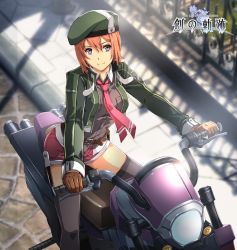 Rule 34 | 1girl, belt, belt pouch, beret, blue eyes, blurry, blurry background, breasts, brown belt, brown gloves, closed mouth, collared shirt, commentary, copyright name, cowboy shot, cropped jacket, day, eiyuu densetsu, falcom, from above, gloves, green hat, green jacket, grey shirt, grey thighhighs, hair between eyes, hajimari no kiseki, hat, jacket, leather, leather gloves, light brown hair, logo, looking at viewer, medium breasts, motor vehicle, motorcycle, necktie, noel seeker, official art, outdoors, pavement, pink necktie, pink shorts, pouch, railing, riding, shirt, short hair, short shorts, shorts, sitting, smile, solo, strap, sunlight, thighhighs, thighs, unzipped, wing collar, zettai ryouiki