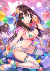 Rule 34 | 1girl, :d, ascot, ass, blush, boots, bra, breasts, brown hair, butt crack, character doll, detached collar, earrings, garter belt, gem, glint, green eyes, hair ornament, hamahama, highres, holding, holding hair, holding microphone, idolmaster, idolmaster cinderella girls, jewelry, lingerie, long hair, looking at viewer, medium breasts, microphone, nail polish, necktie, open mouth, panties, pearl (gemstone), pink nails, shibuya rin, sitting, smile, solo, thigh boots, thighhighs, underwear, underwear only, wariza, white bra, white footwear, white panties, wrist cuffs