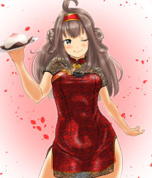 Rule 34 | 1girl, ahoge, blush, breasts, brown hair, cake, china dress, chinese clothes, closed mouth, dress, food, grey eyes, hair ornament, headband, highres, kantai collection, kongou (kancolle), long hair, looking at viewer, medium breasts, one eye closed, plate, red dress, short dress, solo, tama (tamago)