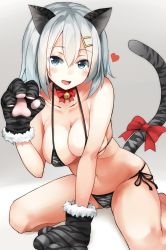 Rule 34 | 10s, 1girl, animal ears, animal hands, bare shoulders, bell, bikini, bow, breasts, cat paws, choker, cleavage, fake animal ears, fake tail, fang, gloves, hair ornament, hairclip, hamakaze (kancolle), heart, highres, kantai collection, kemonomimi mode, large breasts, looking at viewer, micro bikini, mono (sunegey), navel, neck bell, open mouth, paw gloves, short hair, side-tie bikini bottom, silver hair, sitting, solo, swimsuit, tail, wariza