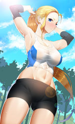 Rule 34 | 1girl, abs, adjusting hair, armpits, arms up, bad id, bad pixiv id, bike shorts, blonde hair, blue eyes, blue sky, breasts, cloud, day, ddoalo, gluteal fold, groin, highres, impossible clothes, large breasts, long hair, looking at viewer, navel, original, outdoors, ponytail, sky, solo, standing, sweat, tank top, very long hair
