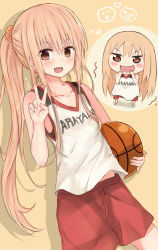 Rule 34 | 10s, 1girl, ball, basketball, basketball (object), basketball uniform, brown eyes, brown hair, chibi, doma umaru, dual persona, highres, himouto! umaru-chan, huwari (dnwls3010), komaru (himouto! umaru-chan), long hair, open mouth, ponytail, shorts, simple background, smile, sportswear, v, vest