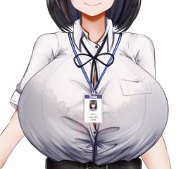 Rule 34 | 1girl, belt, black bra, black hair, bra, bra visible through clothes, breast focus, breasts, bursting breasts, chest focus, chomikuplus, close-up, dawn (chomikuplus), head out of frame, huge breasts, name tag, office lady, original, see-through, see-through shirt, shirt, short hair, short sleeves, smile, solo, standing, underwear, white background, white shirt