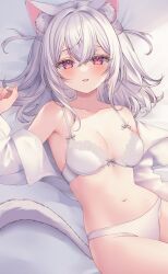 Rule 34 | 1girl, absurdres, animal ears, bare shoulders, bed sheet, blush, bra, breasts, cat ears, cat girl, cat tail, chitose (chi candy), cleavage, collared shirt, commentary request, from above, highres, lace, lace-trimmed bra, lace trim, long hair, long sleeves, looking at viewer, lying, medium breasts, navel, off shoulder, on back, open clothes, open shirt, original, panties, pink eyes, shirt, smile, solo, tail, two side up, underwear, white bra, white hair, white panties, white shirt