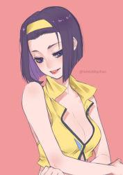 Rule 34 | 1girl, :d, blue eyes, breasts, cleavage, collarbone, cowboy bebop, eyelashes, faye valentine, hairband, half-closed eyes, looking at viewer, medium breasts, open mouth, pink background, purple hair, red lips, short hair, simple background, sleeveless, smile, solo, tabby chan, twitter username, upper body, yellow hairband
