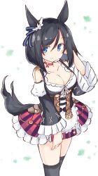 Rule 34 | 1girl, absurdres, animal ears, arm behind head, bare shoulders, black hair, black sleeves, black thighhighs, blue eyes, blush, breasts, cleavage, closed mouth, collarbone, commentary request, detached sleeves, eishin flash (umamusume), frilled skirt, frilled sleeves, frills, hair between eyes, hand up, highres, horse ears, horse girl, horse tail, ichi (ichi.colors), layered sleeves, long sleeves, medium breasts, puffy short sleeves, puffy sleeves, shirt, short over long sleeves, short sleeves, skirt, smile, solo, standing, striped clothes, striped skirt, tail, thighhighs, umamusume, vertical-striped clothes, vertical-striped skirt, white background, white shirt, wide sleeves