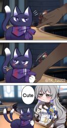 Rule 34 | 3koma, :&lt;, bare shoulders, blue eyes, blue scarf, blush, breasts, bronya rand, brown gloves, cat, closed eyes, closed mouth, comic, desk, drill hair, elbow gloves, english text, gloves, grey eyes, grey hair, heart, highres, holding hands, honkai: star rail, honkai (series), indoors, light smile, looking at another, scarf, seele (honkai: star rail), small breasts, speech bubble, tail, tail wagging, tk t2002, tsundere, twitter username, v-shaped eyebrows, window