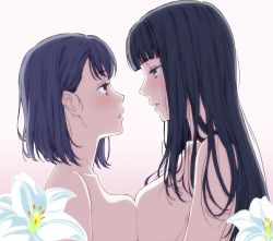 Rule 34 | 2girls, black hair, blunt bangs, blush, breast press, breasts, couple, eye contact, face-to-face, female focus, flower, from side, futago ane (kakitama), gradient background, grey eyes, half-closed eyes, highres, jijo (kakitama), kakitama, large breasts, lips, long hair, looking at another, multiple girls, neck, nude, open mouth, original, purple eyes, purple hair, short hair, symmetrical docking, upper body, white flower, yuri