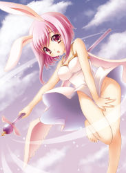 1girl :o angel_wings animal_ears barefoot blush breasts cleavage cloud cross dress dress_tug female_focus kichijou_agata no_panties open_mouth original pink_eyes pink_hair rabbit_ears rabbit_girl shirt sky solo staff star_(symbol) taut_clothes taut_shirt wings