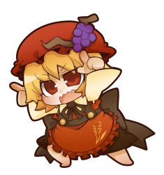 Rule 34 | 1girl, aki minoriko, barefoot, blonde hair, chibi, female focus, food, frills, fruit, full body, gattai, grapes, gurageida, hat, open mouth, pointing, red eyes, simple background, solo, touhou, white background