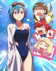 Rule 34 | . ., 4girls, blonde hair, blue hair, blue one-piece swimsuit, blush, breasts, brown hair, bullfalk, casual one-piece swimsuit, chibi, closed mouth, clothing cutout, coat, cosplay, covered navel, creatures (company), emphasis lines, eyewear on head, fangs, game freak, gradient hair, hair between eyes, hair bun, hair ribbon, highleg, highleg swimsuit, highres, jewelry, lab coat, looking at viewer, love live!, love live! superstar!!, low twintails, medium breasts, multicolored hair, multiple girls, necklace, nintendo, o o, one-piece swimsuit, onitsuka natsumi, open clothes, open coat, open mouth, panicking, philena ivy, philena ivy (cosplay), pink hair, pokemon, pokemon (anime), pokemon (classic anime), red eyes, ribbon, ring, ring necklace, sakurakoji kinako, short hair, shouting, side cutout, single side bun, skin fangs, smug, solo focus, sparkle, standing, strapless, strapless one-piece swimsuit, surprised, swimsuit, twintails, upper body, v-shaped eyebrows, wakana shiki, wavy mouth, white coat, white ribbon, yoneme mei