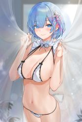 Rule 34 | 1girl, alracoco, alternate costume, bare arms, bare shoulders, black ribbon, blue hair, blush, bow, bra, breasts, cleavage, curtains, flower, hair flower, hair ornament, hair ribbon, hands up, highres, holding, large breasts, looking at viewer, navel, neck ribbon, pink ribbon, plant, potted plant, re:zero kara hajimeru isekai seikatsu, rem (re:zero), ribbon, see-through, smile, solo, stomach, underwear, white bra, x hair ornament