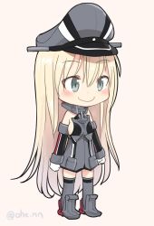 Rule 34 | 1girl, ahenn, bare shoulders, bismarck (kancolle), blonde hair, blue eyes, detached sleeves, full body, gloves, grey thighhighs, hair between eyes, hat, kantai collection, long hair, long sleeves, military, military hat, military uniform, peaked cap, pink background, simple background, smile, solo, thighhighs, twitter username, uniform, white gloves