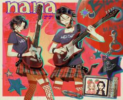 Rule 34 | 2girls, belt, belt collar, black belt, black hair, black jacket, black shirt, bracelet, brown hair, camera, character name, charm (object), closed eyes, collar, collarbone, commentary, dress, electric guitar, fishnet thighhighs, fishnets, food, fruit, garter straps, guitar, highres, holding, holding guitar, holding instrument, instrument, jacket, jenishiiarts, jewelry, komatsu nana, multiple girls, multiple views, nana (series), open clothes, open jacket, osaki nana, parted lips, pink dress, plaid clothes, plaid skirt, playing guitar, pleated skirt, print shirt, red skirt, red thighhighs, ring, shirt, short hair, skirt, standing, star (symbol), strawberry, thighhighs, v, viewfinder