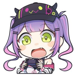 Rule 34 | 1girl, baseball cap, bibi (tokoyami towa), black camisole, black hat, blush stickers, camisole, chibi, commentary request, controller, cropped torso, fake horns, fang, game controller, green eyes, hat, highres, holding, holding controller, hololive, horned headwear, horns, jacket, moja (mojya 777), multicolored hair, off shoulder, open clothes, open jacket, open mouth, pink hair, purple hair, simple background, solo, streaked hair, tokoyami towa, tokoyami towa (1st costume), twintails, upper body, virtual youtuber, white background, white jacket