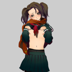 Rule 34 | 1boy, axis powers hetalia, blush, brown hair, china (hetalia), clothes lift, crossdressing, embarrassed, frown, green eyes, highres, hyakkimaru, long hair, male focus, nipples, people&#039;s republic of china flag, scarf, school uniform, shirt lift, simple background, skirt, solo, sweatdrop, trap, twintails