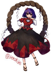 Rule 34 | 1girl, absurdres, floral print, full body, hair ornament, hand on own hip, highres, layered sleeves, leaf hair ornament, long skirt, long sleeves, looking at viewer, mirror, one-hour drawing challenge, puffy short sleeves, puffy sleeves, purple hair, red eyes, renshirenji, rope, shimenawa, short hair, short over long sleeves, short sleeves, simple background, skirt, smile, solo, touhou, twitter username, white background, yasaka kanako