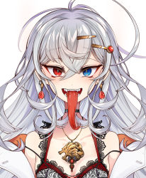 Rule 34 | 1girl, ahoge, bare shoulders, black choker, blue eyes, blush, breasts, camisole, choker, cluseller, coat, collarbone, cropped, crystal, earrings, female focus, forked tongue, gem, grey hair, hair ornament, hairclip, happy, heterochromia, huge ahoge, indie virtual youtuber, jewelry, lab coat, lace trim, light blush, long hair, long tongue, looking at viewer, messy hair, necklace, off shoulder, open mouth, pendant, red eyes, red gemstone, sharp teeth, sidelocks, simple background, siragumo raimu, skindentation, small breasts, smile, solo, straight-on, strap slip, teeth, tongue, tongue out, upper body, virtual youtuber, white background, white coat