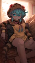 Rule 34 | 1girl, backlighting, bare legs, barefoot, blue bow, blue bowtie, blue eyes, blue hair, blush, bow, bowtie, couch, feet out of frame, glowing, glowing eyes, gradient neck ribbon, highres, hood, hood up, hoodie, kemono friends, light particles, long sleeves, looking at viewer, melaton, print hoodie, red bow, red bowtie, short hair, sitting, snake print, snake tail, solo, tail, tsuchinoko (kemono friends)