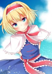 Rule 34 | 1girl, alice margatroid, arms behind back, blonde hair, blue eyes, capelet, hairband, highres, lolita hairband, looking at viewer, short hair, sisterakuma, smile, solo, touhou, upper body