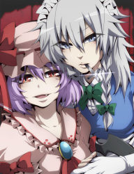 Rule 34 | 2girls, bat wings, blue eyes, braid, cross, fang, gloves, grey hair, hat, izayoi sakuya, knife, looking at viewer, maid, maid headdress, mouth hold, multiple girls, nitoni, open mouth, purple hair, red eyes, remilia scarlet, short hair, touhou, white gloves, wings