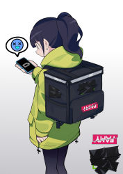 Rule 34 | 1girl, absurdres, black bag, black hair, black legwear, cellphone, censored, censored text, commentary request, cowboy shot, emoticon, fami (yellow skies), from behind, gradient background, grey background, highres, long hair, looking at phone, original, phone, ponytail, product placement, tongue, tongue out, uber eats, white background, x x