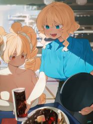 Rule 34 | 2girls, :d, blonde hair, blue eyes, blue shirt, blush, breast rest, breasts, breasts on table, closed mouth, cup, dot mouth, dot nose, dress, drill hair, drinking glass, fang, florida-chan (ryusei hashida), holding, holding cup, holding tray, huge breasts, indoors, mofu mofuko (ryusei hashida), multiple girls, open mouth, orange eyes, original, ryusei hashida, shirt, short sleeves, sidelocks, signature, sitting, smile, standing, table, tray, twin drills, twintails, veins, veiny breasts, waitress, white dress