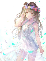 Rule 34 | 10s, 1girl, bow, brown eyes, brown hair, collarbone, dress, hair bow, head wreath, long hair, looking at viewer, love live!, love live! school idol festival, love live! school idol project, minami kotori, one side up, rio.lw, simple background, sleeveless, sleeveless dress, solo, white background, white bow, white dress