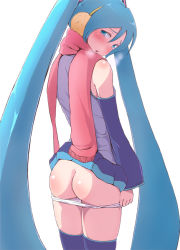 Rule 34 | 1girl, aqua eyes, aqua hair, ass, blush, detached sleeves, earmuffs, from behind, hatsune miku, long hair, looking back, mochimomomo, panties, panty pull, red scarf, scarf, simple background, skirt, solo, thighhighs, twintails, underwear, very long hair, vocaloid, white background