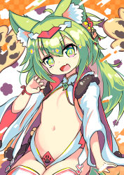 Rule 34 | 1girl, :d, animal ear fluff, animal ears, azur lane, blush, breasts, checkered background, claw pose, commentary request, fang, floral background, fur trim, green eyes, green hair, groin, hair between eyes, isokaze (azur lane), isokaze (new year&#039;s campaign) (azur lane), jewelry, long hair, long sleeves, looking at viewer, magatama, magatama necklace, navel, necklace, open mouth, revealing clothes, saebashi, sitting, small breasts, smile, solo, thick eyebrows, thighhighs, white thighhighs, wide sleeves