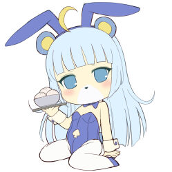 Rule 34 | 1girl, absurdres, ahoge, animal ears, baozi, bare shoulders, blue bow, blue bowtie, blue eyes, blue footwear, blue hair, blue hairband, blush, bow, bowl, bowtie, chibi, clothing cutout, fake animal ears, food, full body, hairband, hand up, high heels, highres, holding, holding tray, long hair, looking at viewer, navel cutout, nyama, pantyhose, rabbit ears, rabbit tail, shoes, show by rock!!, simple background, sitting, solo, spade cutout, tail, tray, tsukino (show by rock!!), very long hair, wariza, white background, white pantyhose, wrist cuffs