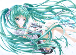 Rule 34 | 1girl, alternate costume, bare legs, between legs, black ribbon, blouse, closed mouth, dissolving, fetal position, floating hair, frills, hair ornament, hair ribbon, hatsune miku, lace, lace-trimmed shirt, lace trim, legs up, long hair, microphone, microphone stand, raidenvt, ribbon, shirt, short sleeves, simple background, skirt, smile, solo, twintails, upskirt, very long hair, vocaloid, wavy hair, white background, white ribbon, white shirt
