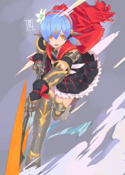 Rule 34 | 1girl, alternate costume, android, cape, dress, flower, hair flower, hair ornament, hairband, highres, holding, holding spear, holding weapon, nintendo, open mouth, orange eyes, polearm, poppi (xenoblade), purple hair, red cape, running, short hair, solo, sou (pale 1080), spear, thighhighs, twintails, weapon, xenoblade chronicles (series), xenoblade chronicles 2, xenoblade chronicles (series), xenoblade chronicles 2, yellow eyes