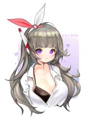 Rule 34 | 1girl, absurdres, annyeongbangawo, bad id, bad pixiv id, bikini, black bikini, breasts, character request, cleavage, closed mouth, collared shirt, commentary request, cropped torso, dress shirt, floral background, grey hair, hair ribbon, headgear, highres, korean commentary, korean text, long hair, looking at viewer, maplestory, medium breasts, purple eyes, red ribbon, ribbon, shirt, solo, swimsuit, translation request, upper body, v-shaped eyebrows, very long hair, white background, white ribbon, white shirt