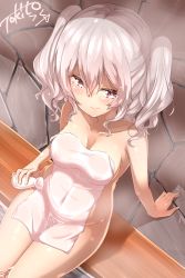 Rule 34 | 1girl, alcohol, blush, bottle, breasts, cleavage, closed mouth, covered erect nipples, covered navel, covering privates, groin, highres, kantai collection, kashima (kancolle), long hair, looking at viewer, medium breasts, naked towel, nude cover, onsen, red eyes, silver hair, sitting, smile, solo, steam, thighs, tokito yu, towel, twintails, wakamezake, water, wavy hair, wet