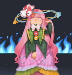 Rule 34 | 1girl, absurdres, adapted costume, alternate costume, bad id, bad pixiv id, blue fire, bow, bowtie, buttons, fire, fox mask, hata no kokoro, highres, long hair, long sleeves, looking at viewer, mask, noh mask, pink eyes, pink hair, plaid, plaid shirt, shirt, skirt, solo, touhou, usudaidai, yai (hachihito)