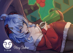 Rule 34 | 1girl, absurdres, ahoge, animal costume, antlers, armpit crease, artist request, bare shoulders, bell, blue hair, blush, bow, box, breasts, christmas, christmas lights, christmas ornaments, christmas tree, cleavage, closed mouth, collar, collarbone, covered navel, cup, detached sleeves, dress, drinking glass, eleditor, fake antlers, fireplace, fur-trimmed dress, fur-trimmed headwear, fur-trimmed shorts, fur-trimmed sleeves, fur collar, fur trim, ganyu (genshin impact), genshin impact, gift, gift box, goat horns, hair between eyes, half-closed eyes, hat, highres, holding, holding cup, holly, horns, indoors, large breasts, lips, long hair, long sleeves, looking at viewer, lying, medium breasts, merry christmas, mug, navel, neck bell, on side, pantyhose, plate, purple eyes, red bow, red dress, red ribbon, reindeer antlers, reindeer costume, ribbon, sack, santa costume, santa dress, santa hat, seductive smile, shorts, sitting, smile, snow, snowflakes, solo, table, thighs, window