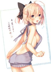 Rule 34 | 1girl, :d, ahoge, ass, backless dress, backless outfit, bare arms, bare back, blonde hair, blush, bow, breasts, cowboy shot, dress, fate (series), flying sweatdrops, from side, hair bow, half updo, halterneck, highres, koha-ace, leaning forward, looking at viewer, medium breasts, meme attire, naked sweater, no bra, okita souji (fate), okita souji (koha-ace), open mouth, ponytail, short hair, sideboob, smile, solo, sweatdrop, sweater, sweater dress, toosaka asagi, translated, turtleneck, turtleneck sweater, virgin killer sweater, yellow eyes