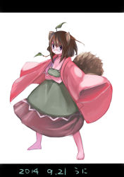 Rule 34 | animal ears, barefoot, commentary request, dated, full body, futatsuiwa mamizou, glasses, highres, jacket, jacket on shoulders, letterboxed, namauni, raccoon ears, raccoon tail, solo, tail, touhou