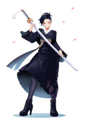 Rule 34 | 1girl, ankle boots, black footwear, black hair, black hakama, blue hair, boots, closed mouth, commentary, commission, cross-laced footwear, full body, hakama, hakama skirt, high heel boots, high heels, highres, holding, holding sword, holding weapon, japanese clothes, katana, looking at viewer, nail polish, original, pantyhose, petals, short hair, simple background, skirt, solo, split mouth, standing, sword, undercut, weapon, white background, yoruny