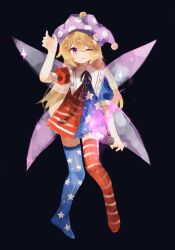 Rule 34 | 1girl, adapted costume, american flag dress, american flag legwear, blonde hair, blush, chicachang, closed mouth, clownpiece, dress, fairy, fairy wings, full body, hair between eyes, hat, highres, holding, holding torch, jester cap, long hair, one eye closed, pink eyes, polka dot, polka dot headwear, purple hat, short sleeves, solo, sparkle, star (symbol), star print, striped clothes, striped dress, striped thighhighs, thighhighs, torch, touhou, wings